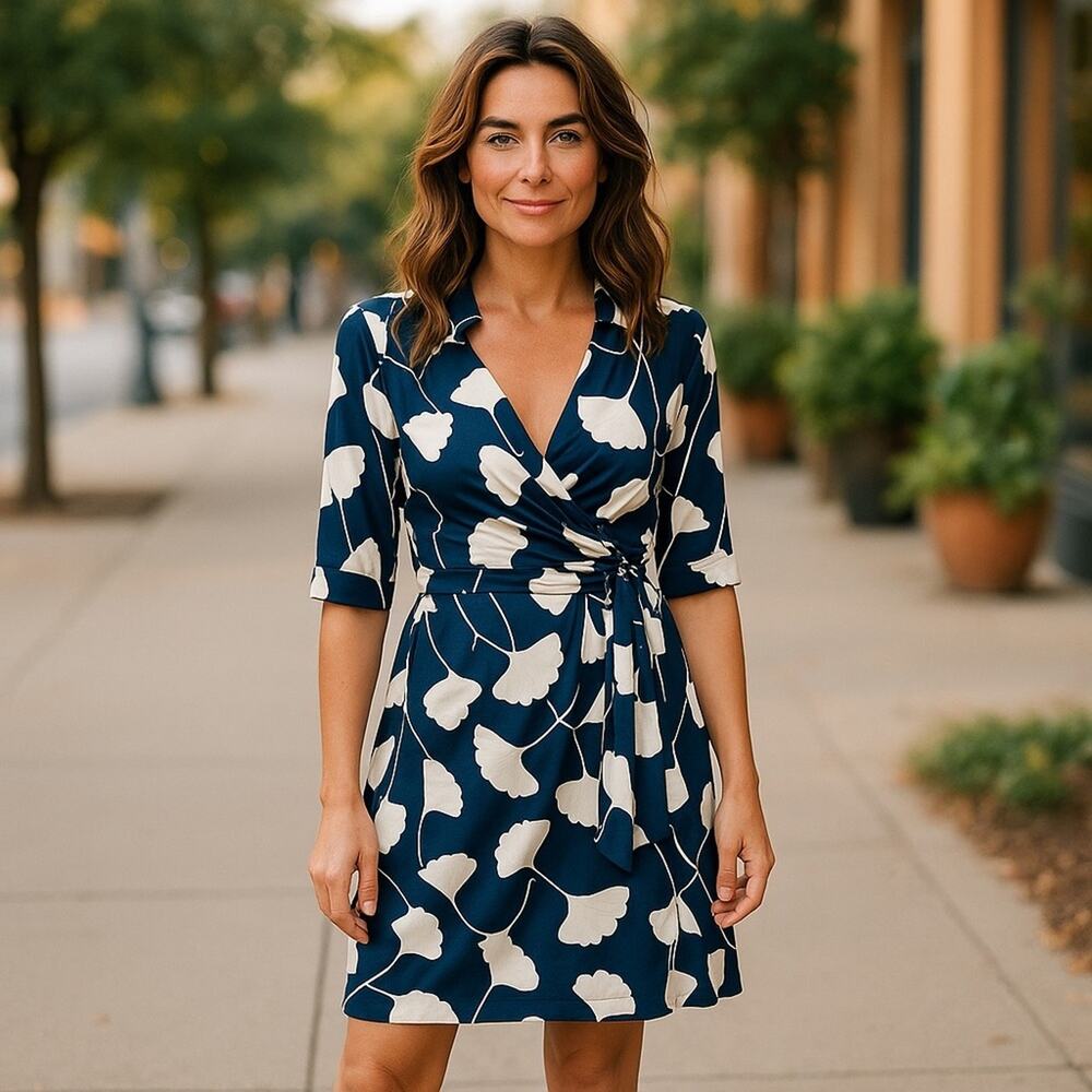 Diane von Furstenberg 100% Silk Wrap Dress Navy and Cream - Size 4